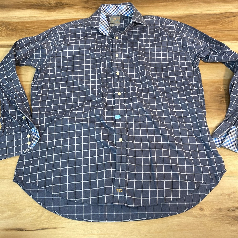 THOMAS DEAN Shirt Mens XL Blue White Plaid Check Long Sleeve Button Up